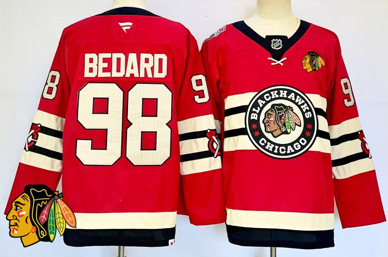 Men Chicago Blackhawks #98 Bedard Red Fanatics 2025 NHL Jersey style 3